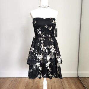NWT Lulus How Sweet Black Embroidered Strapless Mesh Tiered Mini Dress Small